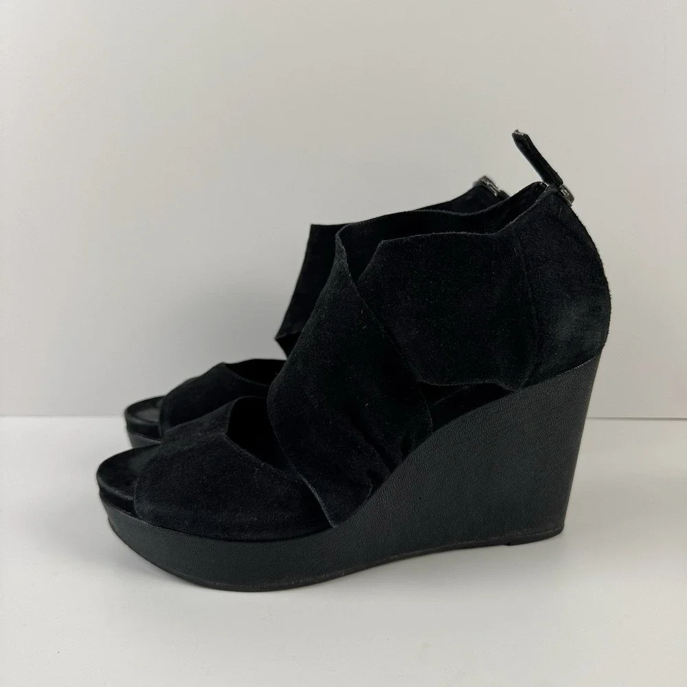 Eileen Fisher Women's Black Suede Wedge Sandals‎ Shoes Heels Sz 9.5